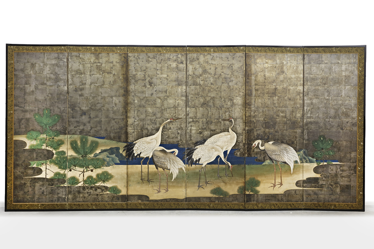 A JAPANESE SIX-PANEL BYOBU SCREEN — CRANES AND PINE TREES BY THE RIVER ON SILVERLEAF BACKGROUND,EDO PERIOD (1615–1868)
