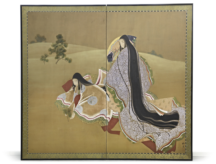 TWO-PANEL BYOBU SCREEN OF BIJINGA IN HEIAN STYLE (EARLY 20TH CENTURY)