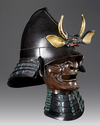 A JAPANESE MOMONARI KABUTO WITH SHI-SHI MAEDATE AND MENPO,EDO PERIOD (1615–1868)
