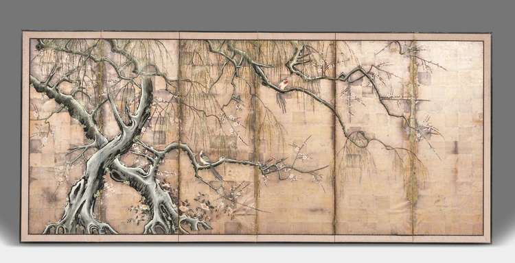 A TALL JAPANESE SIX PANEL BYÔBU WITH WEEPING APRICOT TREE 枝垂れ梅, BAKUMATSU PERIOD (1853-1867)