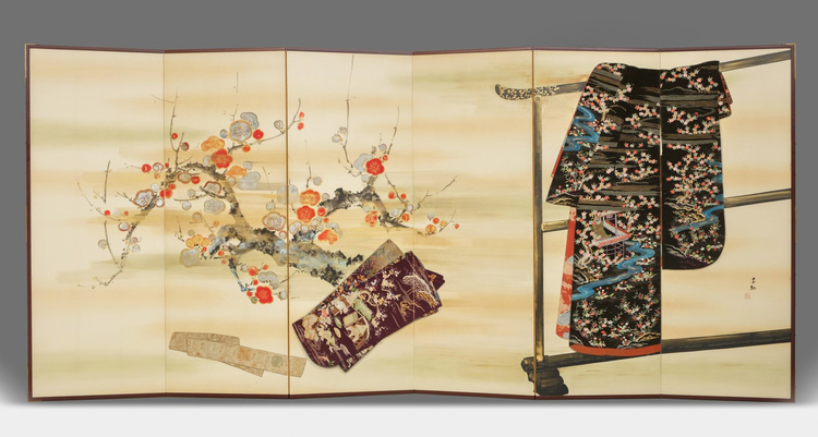 A JAPANESE SIX PANEL BYÔBU 屏風 EMBROIDERED WITH TAGASODE 誰袖 (“WHOSE SLEEVES?”), LATE MEIJI PERIOD, EARLY TAISHO PERIOD