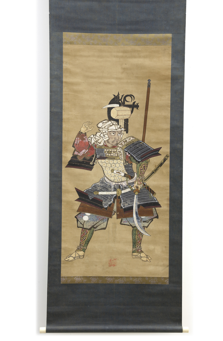 RARE MEIJI-ERA SCROLL PAINTING FEATURING THE LEGENDARY WARRIOR MONK BENKEI COMPLETE WITH ORIGINAL MARKED WOODEN BOX,