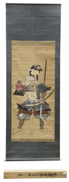 RARE MEIJI-ERA SCROLL PAINTING FEATURING THE LEGENDARY WARRIOR MONK BENKEI COMPLETE WITH ORIGINAL MARKED WOODEN BOX,