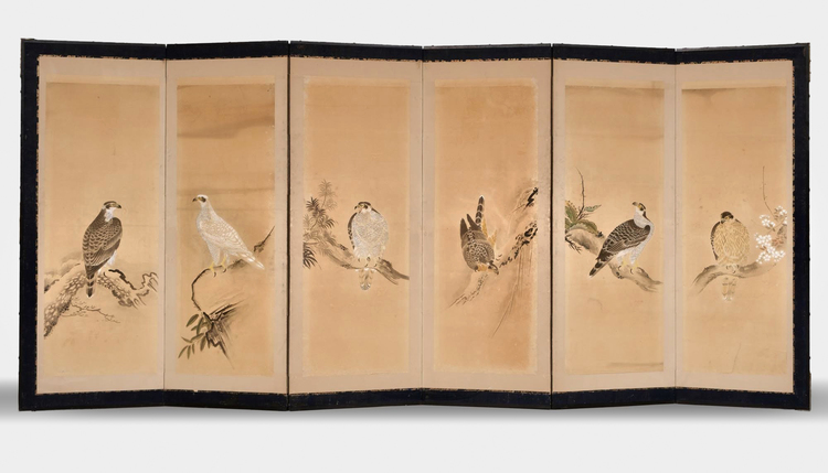 A LARGE JAPANESE SIX-PANEL SCREEN WITH HAWKS, LATE EDO PERIOD (FIRST HALF 19TH CENTURY)