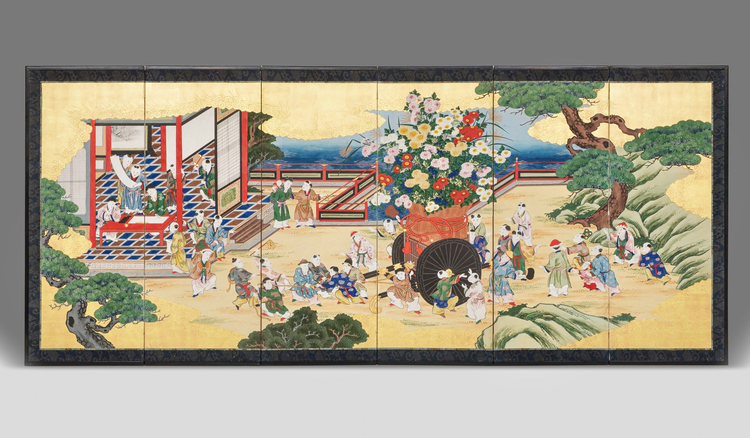 A JAPANESE MID-SIZE SIX-PANEL  BYÔBU WITH “ONE HUNDRED BOYS AT PLAY”, EARLY MEIJI PERIOD (SECOND HALF 19TH CENTURY)