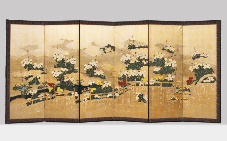 A JAPANESE SIX-PANEL RINPA SCHOOL STYLE JAPANESE  BYÔBU, LATE EDO PERIOD, (FIRST HALF 19TH CENTURY)