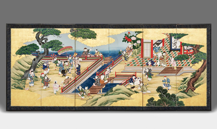 A JAPANESE MID-SIZE SIX PANEL BYÔBU WITH “ONE HUNDRED BOYS AT PLAY", EARLY MEIJI PERIOD (SECOND HALF 19TH CENTURY)