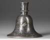 AN INDIAN BIDRI SILVER-INLAID BELL SHAPED HOOKAH BASE, 19TH CENTURY