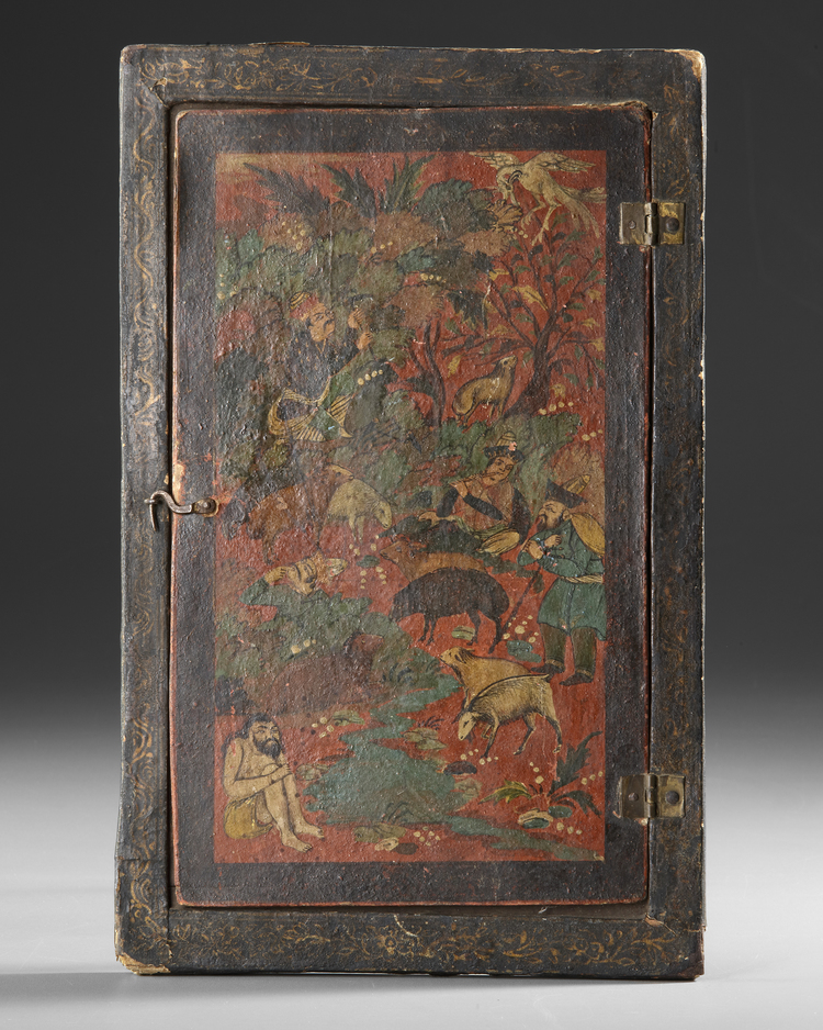 A QAJAR LACQUERED PAPIER-MÂCHÉ MIRROR CASE, PERSIA 19TH CENTURY