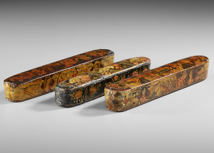 THREE QAJAR LACQUERED PAPIER-MÂCHÉ PEN CASES, PERSIA 19TH CENTURY