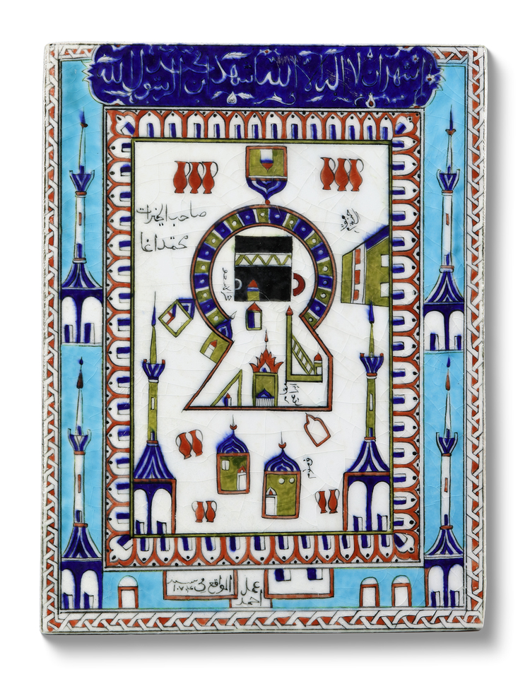 AN IZNIK STYLE POTTERY TILE DEPICTING THE KA'BA AND THE MASJID AL-HARAM, TURKEY, 19TH CENTURY