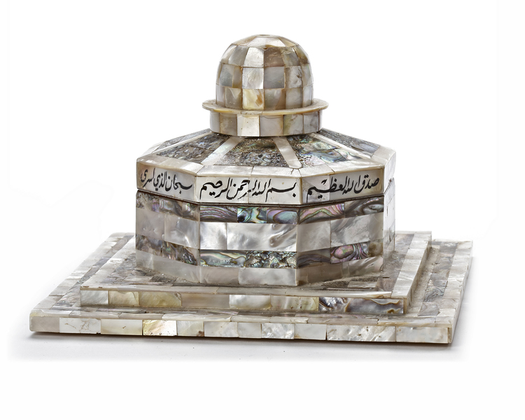 AN OTTOMAN MOTHER-OF-PEARL JEWELRY BOX SHAPED LIKE THE AL-AQSA AL-SHARIF MOSQUE.