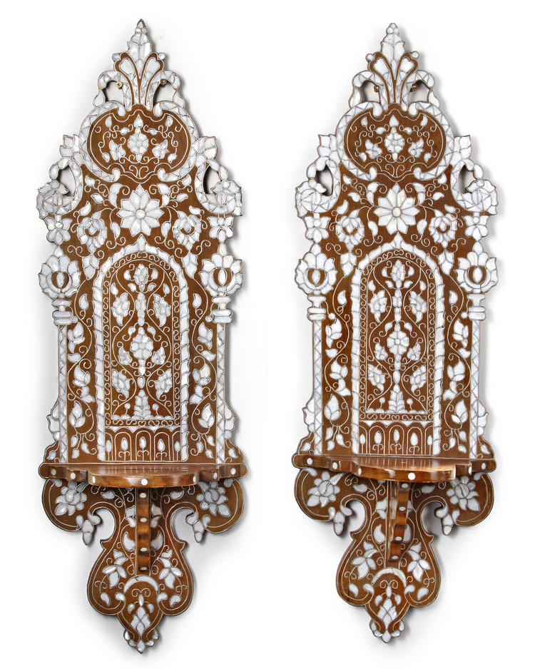A PAIR OF OTTOMAN MOTHER OF PEARL INLAID WOODED TURBAN STANDS (KAVUKLUK), TURKEY OR SYRIA, EARLY 20TH CENTURY