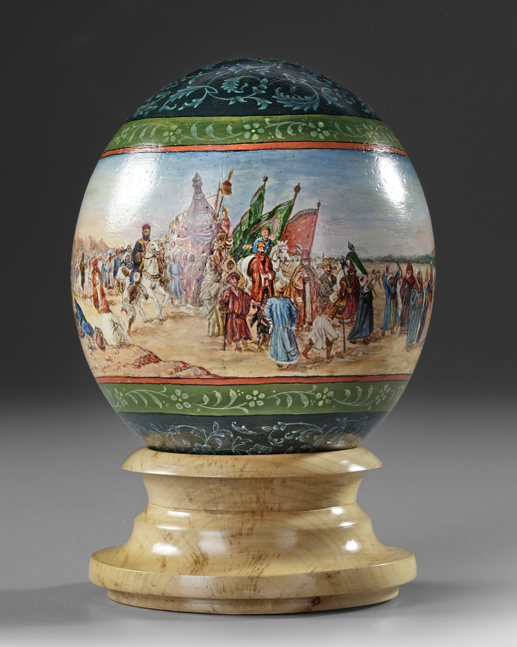 A PAINTED OSTRICH EGG, TURKEY, 20TH CENTURY