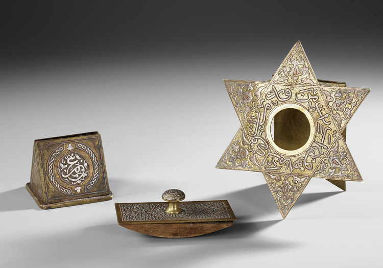 A MAMLUK-STYLE SILVER INALD BRASS DESK SET, SYRIA LATE19TH-EARLY 20TH CENTURY