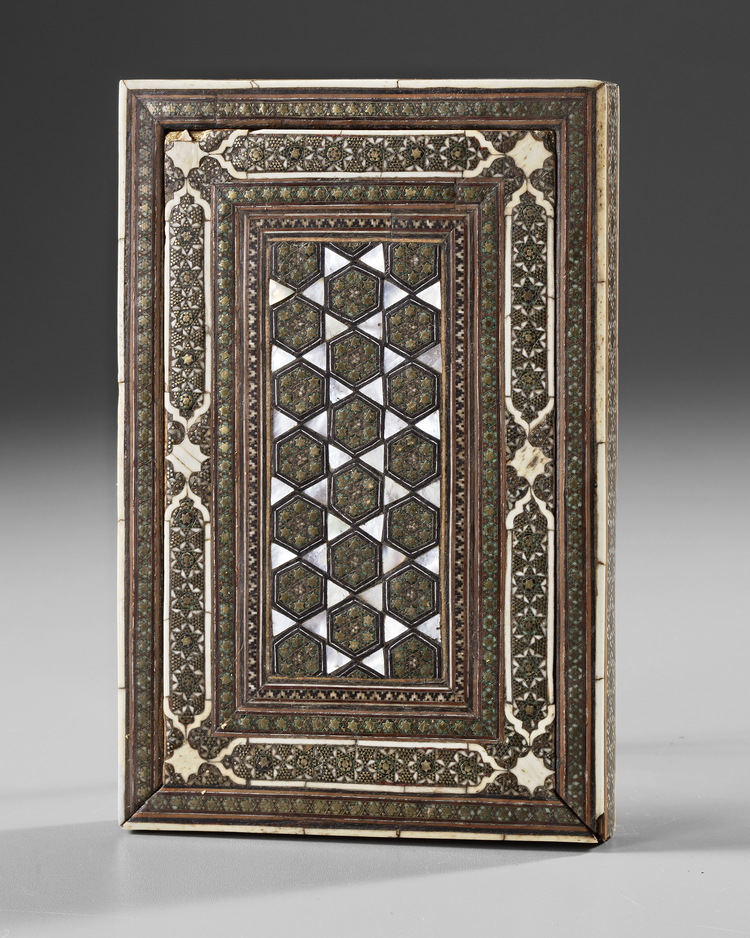 A QAJAR MOTHER OF PEARL INLAID WOODEN MIRROR, SHIRAZ PERSIA, 19TH CENTURY