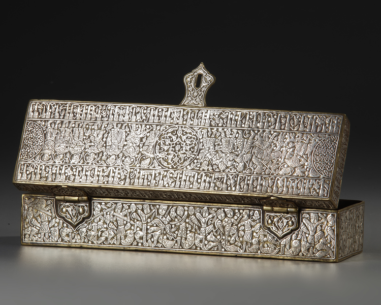 A FINE AND LARGE PERSIAN SILVER-INLAID BRASS PEN-CASE, KHURASAN STYLE, 2OTH CENTURY