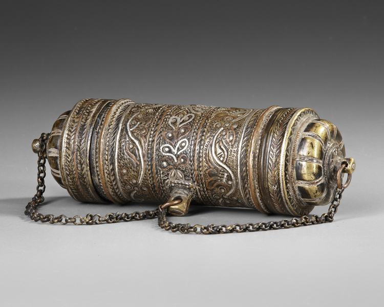 A SILVER AND COPPER INLAID SCROLL HOLDER, PERSIA, 19TH CENTURY