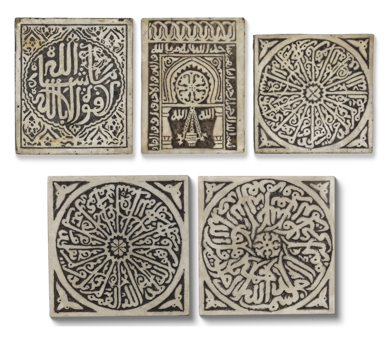 FIVE OF INTRICATELY ENGRAVED STONE TILES, MOROCCO, 19TH-20TH CENTURY