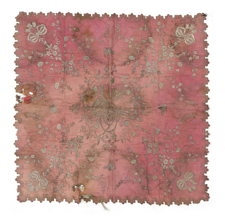 A SILVER-THREAD EMBROIDERED SILK BOHCA, TURKEY 19TH CENTURY