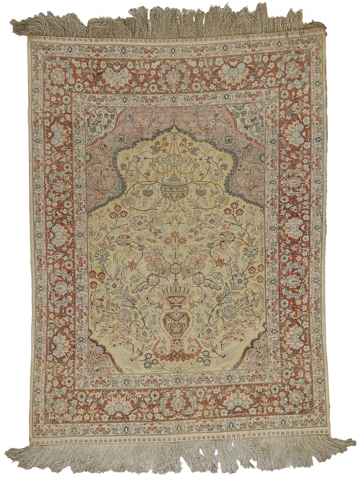A GOLD-BROCADED SILK CARPET WITH PRAY RUG ORNAMENTATION