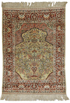 A GOLD-BROCADED SILK CARPET WITH PRAY RUG ORNAMENTATION