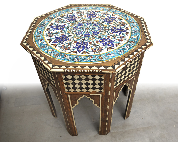 AN OTTOMAN BONE-INLAID WOODEN TABLE, INLAID WITH POTTERY TILES, TURKEY OR SYRIA 19TH CENTURY