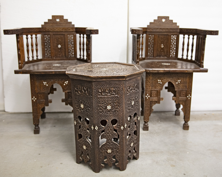 AN OTTOMAN SET OF TWO CHAIRS AND A TABLE, SYRIA 19TH-20TH CENTURY