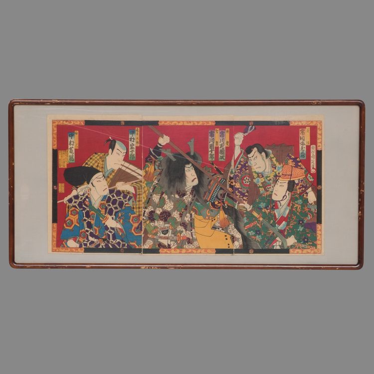 ORIGINAL WOODBLOCK PRINT BY TOYOHARA CHIKANOBU OF 5 KABUKI ACTORS