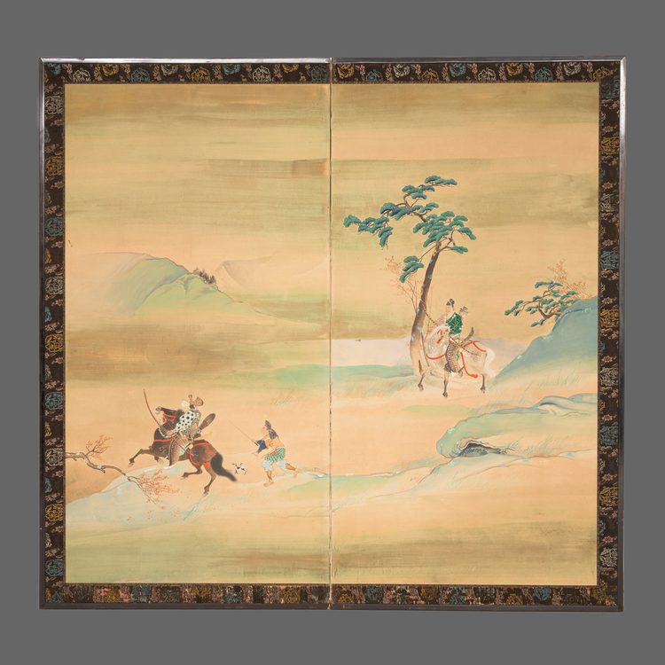 TALL 2-PANEL BYÔBU 屏風 (FOLDING SCREEN) WITH GENERAL MINAMOTO NO HACHIMAN TARÔ YOSHI’IE