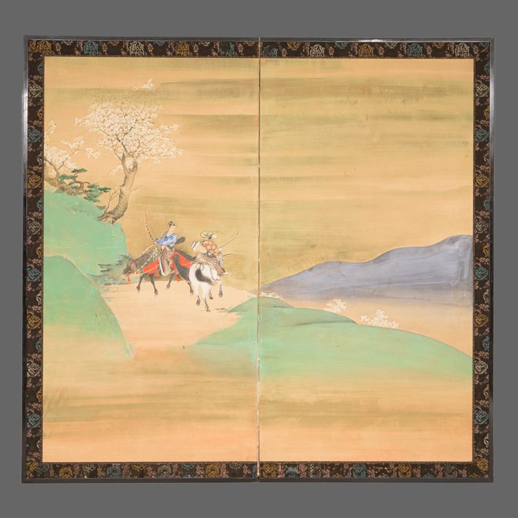 TALL 2-PANEL BYÔBU 屏風 (FOLDING SCREEN) WITH GENERAL MINAMOTO NO HACHIMAN TARÔ YOSHI’IE