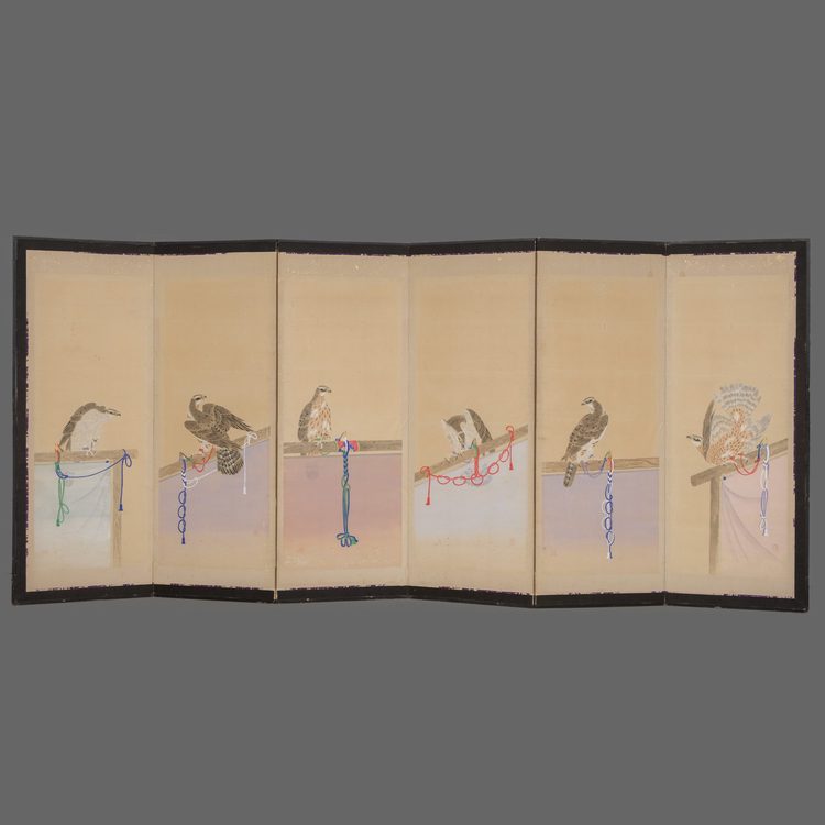 LARGE SIX-PANEL SCREEN WITH HAWKS