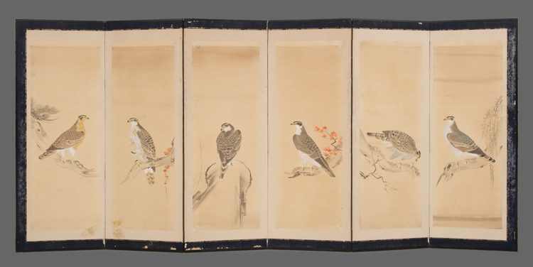 LARGE SIX PANEL SCREEN WITH HAWKS