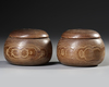 TRADITIONAL JAPANESE GO SET  DARK PATINATED WOODEN GO-BOARD WITH TWO ZELKOVA-WOOD  BOXES, 20TH CENTURY