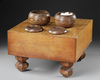 TRADITIONAL JAPANESE GO SET  DARK PATINATED WOODEN GO-BOARD WITH TWO ZELKOVA-WOOD  BOXES, 20TH CENTURY