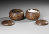 TRADITIONAL JAPANESE GO SET  DARK PATINATED WOODEN GO-BOARD WITH TWO ZELKOVA-WOOD  BOXES, 20TH CENTURY