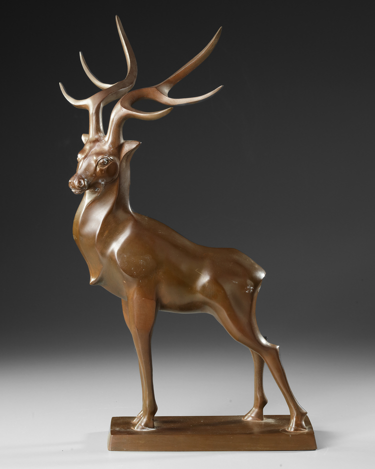 A JAPANESE LARGE BRONZE MUSCULAR STAG, TAISHO PERIOD (1912-1926)