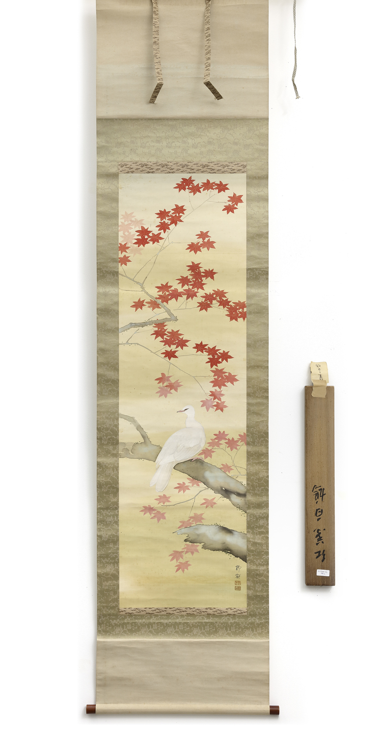 A JAPANESE SCROLL PAINTING OF A WHITE DOVE AND AUTUMN MAPLES