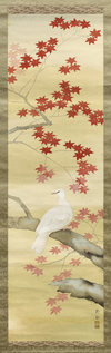 A JAPANESE SCROLL PAINTING OF A WHITE DOVE AND AUTUMN MAPLES