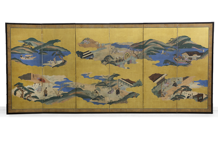 JAPANESE SIX-PANEL SCREEN –  GOLD LEAF LANDSCAPE WITH COURTLY SCENES, EDO PERIOD (1615–1868)
