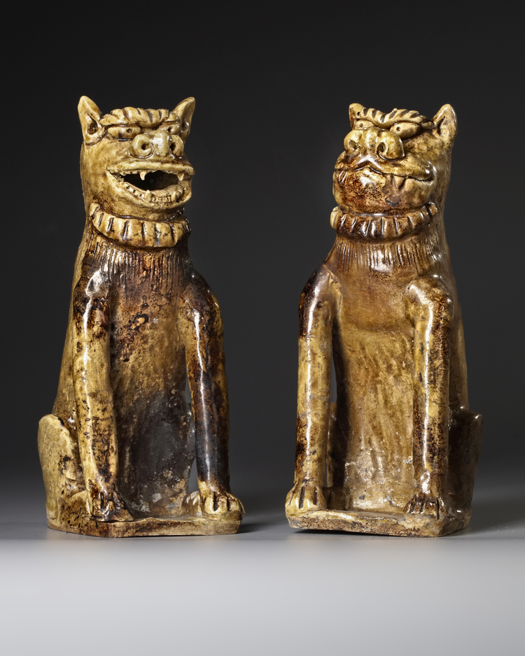 A JAPANESE SET OF TWO STONEWARE KOMAINU GUARDIAN DOGS, 19TH CENTURY