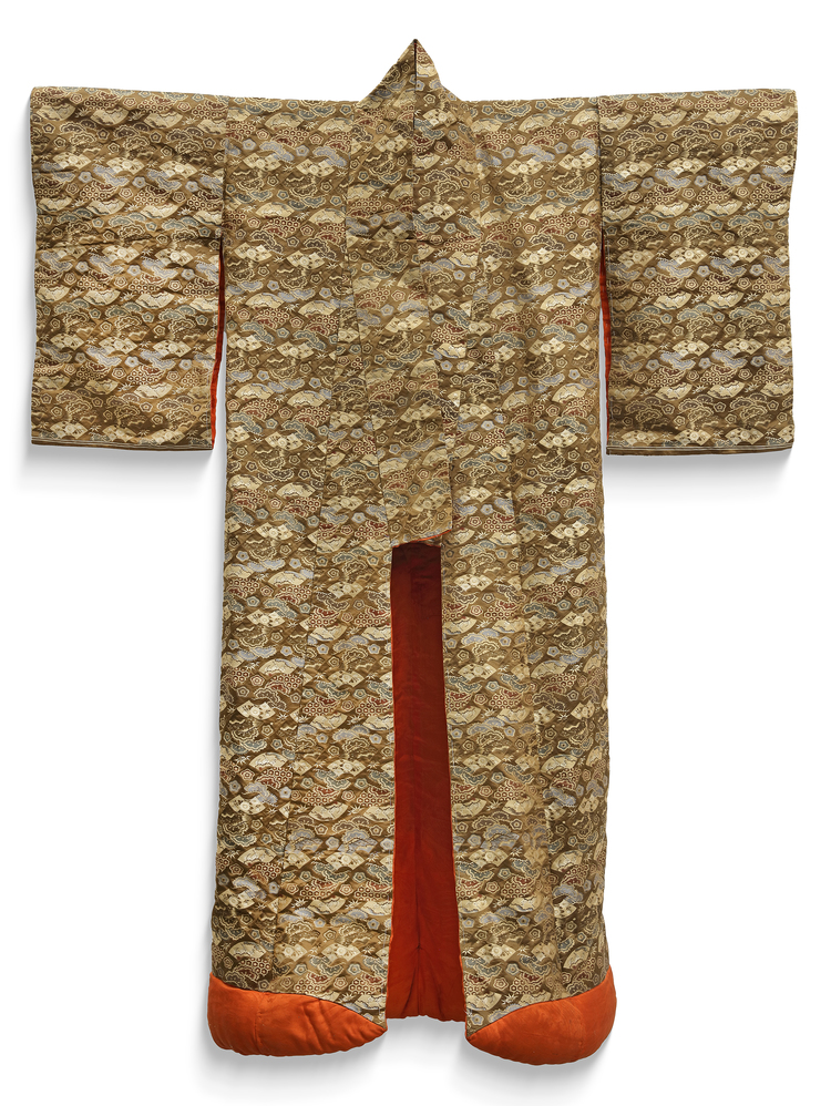 ELEGANT BROCADE KIMONO WITH VIBRANT ORANGE LINING, 20TH CENTURY