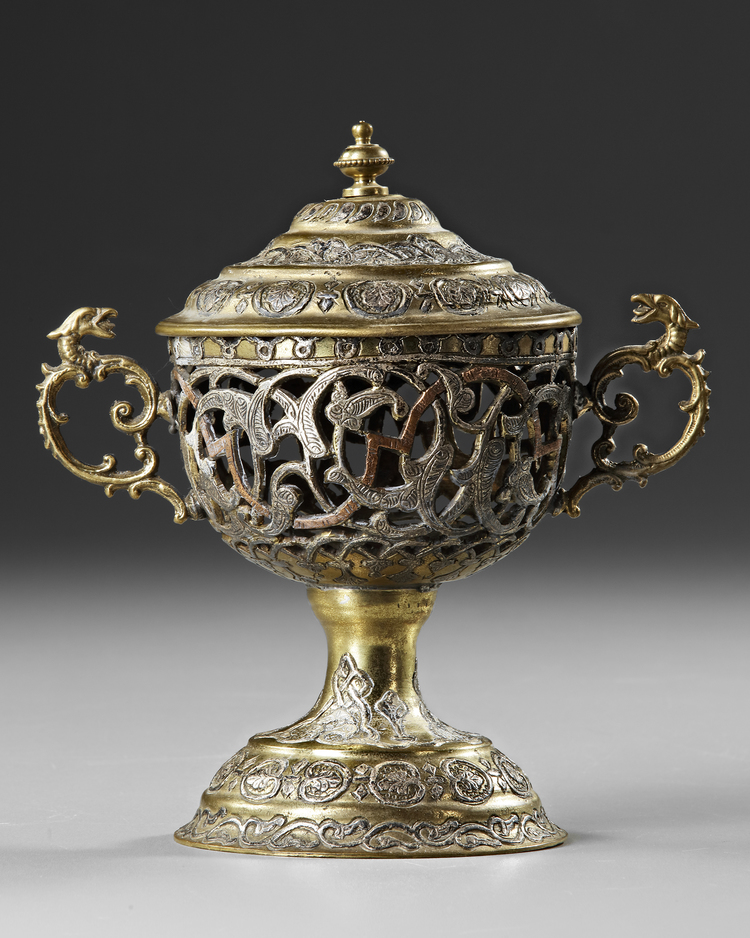 ISLAMIC BRONZE AND SILVER INCENSE BURNER, 19TH CENTURY