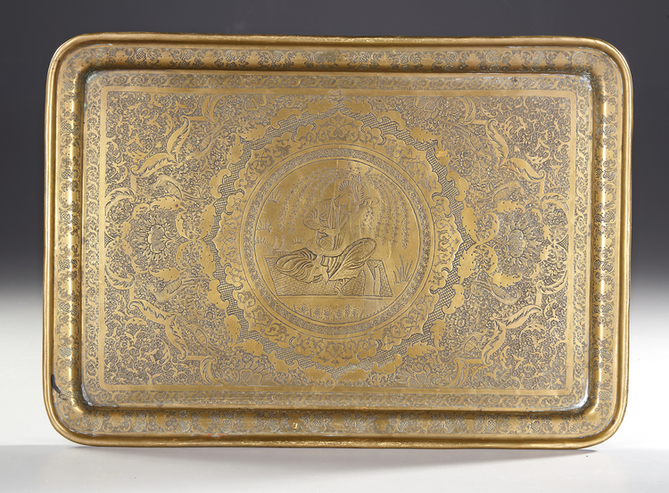 A QAJAR ENGRAVED BRASS TRAY, PERSIA 19TH CENTURY