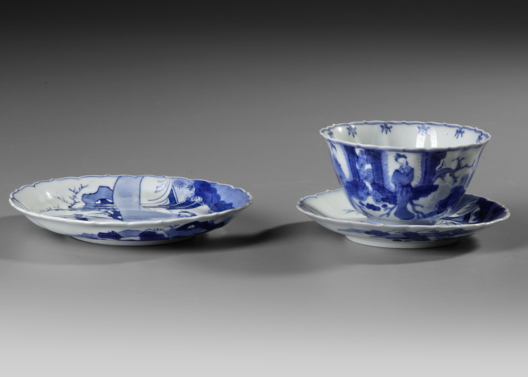 JAPANESE BLUE AND WHITE BOWL AND TWO DISHES, 19TH CENTURY