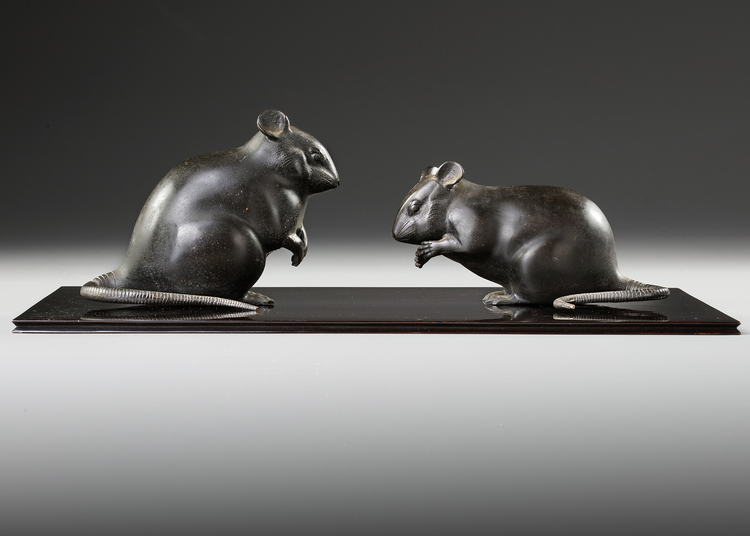 A PAIR OF JAPANESE OKIMONO OF BRONZE MOUSES