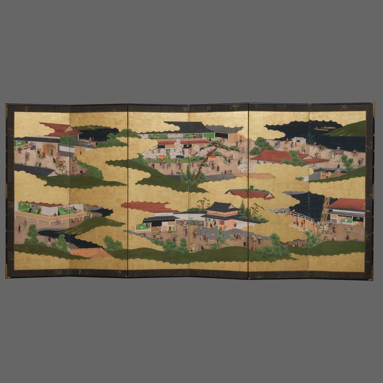 LARGE 6 PANEL SCREEN WITH GENRE PAINTING