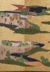 LARGE 6 PANEL SCREEN WITH GENRE PAINTING
