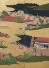 LARGE 6 PANEL SCREEN WITH GENRE PAINTING