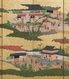 LARGE 6 PANEL SCREEN WITH GENRE PAINTING